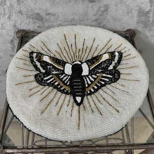Moth Decorative Round Beaded Pillow cover only Butterfly Blk/wht/gd. Accent 13"